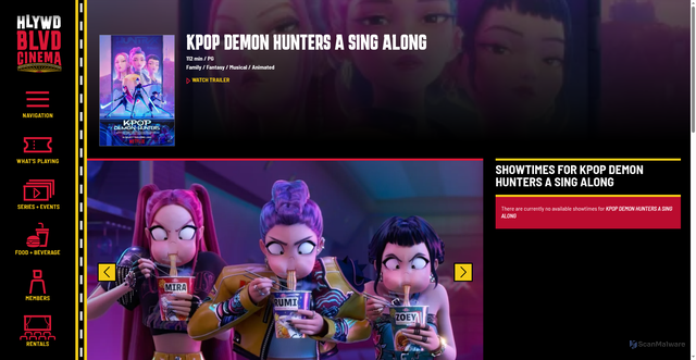 Security scan screenshot of https://hollywoodblvdcinema.com/films-and-events/kpop-demon-hunters-sing-along