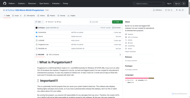 Security scan screenshot of https://github.com/ArTicZera/GDI-Worm.Win32.Purgatorium