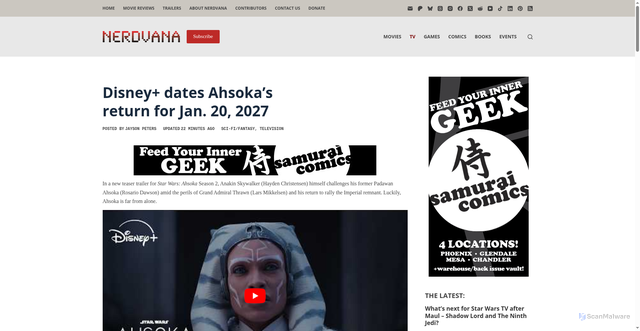 Security scan screenshot of https://nerdvana.co/sci-fi-fantasy/ahsoka-season-2-early-2027/184464/