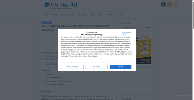 Security scan screenshot of https://www.uscreditcards101.com/en/us/article/american-express-settlement-2025/