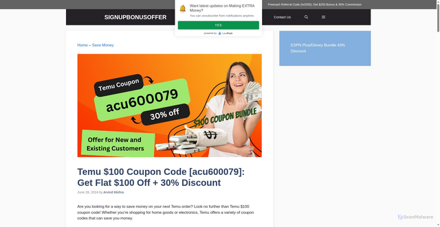 Security scan screenshot of https://signupbonusoffer.com/temu-100-coupon