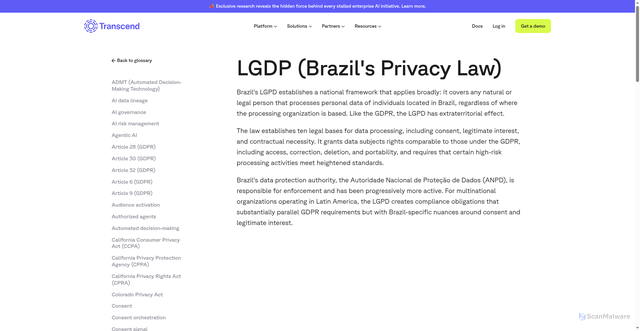 Security scan screenshot of https://transcend.io/glossary/lgdp-brazil-privacy-law