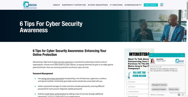 Security scan screenshot of https://www.orionnetworks.net/6-tips-for-cyber-security-awareness/