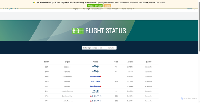 Security scan screenshot of https://www.iflyboise.com/flights/flight-status/