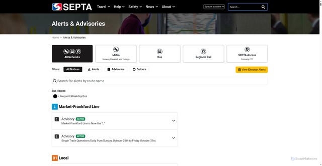 Security scan screenshot of https://www.septa.org/alerts