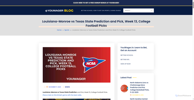 Security scan screenshot of https://blog.youwager.lv/2025/11/17/louisiana-monroe-vs-texas-state-prediction-and-pick-week-13-college-football-picks/