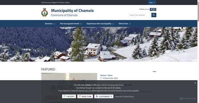 Security scan screenshot of https://www.comune.chamois.ao.it/it-it/home
