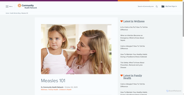 Security scan screenshot of https://www.ecommunity.com/healthminute/2025/measles-101