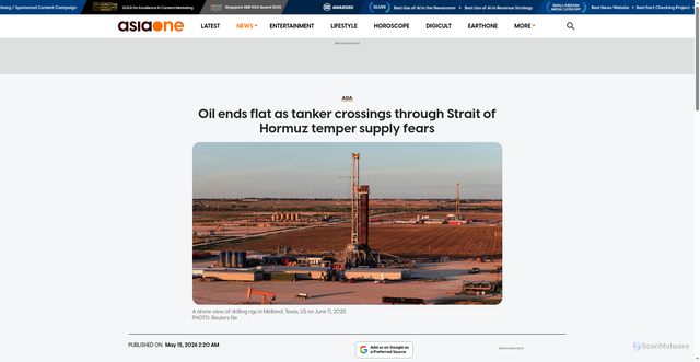 Security scan screenshot of https://www.asiaone.com/asia/oil-ends-flat-tanker-crossings-through-strait-hormuz-temper-supply-fears