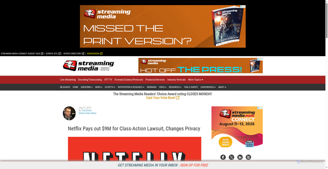 Security scan screenshot of https://www.streamingmedia.com/Articles/News/Online-Video-News/Netflix-Pays-out-$9M-for-Class-Action-Lawsuit-Changes-Privacy-84093.aspx