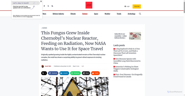 Security scan screenshot of https://indiandefencereview.com/fungus-grew-chernobyl-feeding-radiation-nasa-wants-use-space-travel/