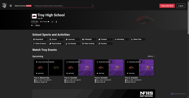 Security scan screenshot of https://www.nfhsnetwork.com/schools/troy-high-school-troy-mi