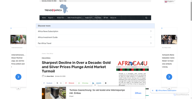 Security scan screenshot of https://trendsnafrica.com/sharpest-decline-in-over-a-decade-gold-and-silver-prices-plunge-amid-market-turmoil/