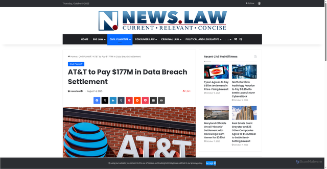 Security scan screenshot of https://news.law/att-to-pay-177m-in-data-breach-settlement/
