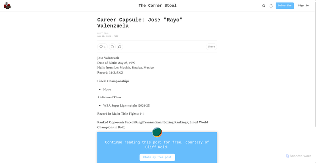 Security scan screenshot of https://roldboxing.substack.com/p/career-capsule-jose-rayo-valenzuela