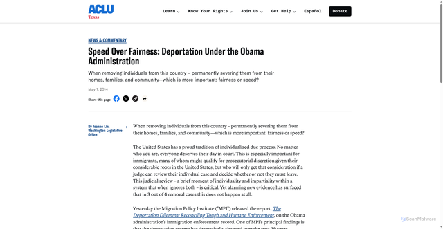 Security scan screenshot of https://www.aclutx.org/news/speed-over-fairness-deportation-under-obama-administration/