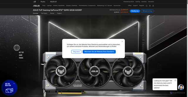 Security scan screenshot of https://www.asus.com/us/motherboards-components/graphics-cards/tuf-gaming/tuf-rtx5090-32g-gaming/