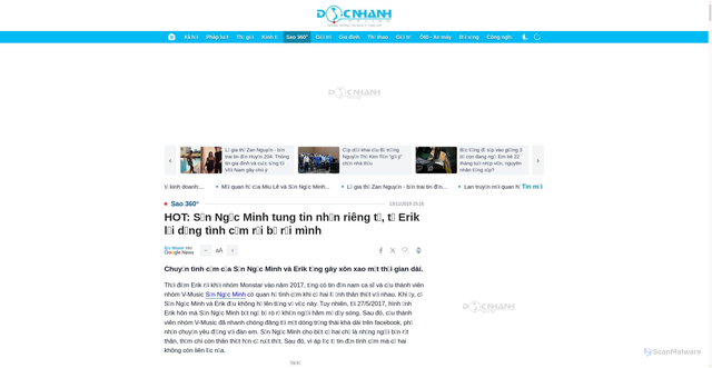 Security scan screenshot of https://docnhanh.vn/sao-360/hot-son-ngoc-minh-tung-tin-nhan-rieng-tu-to-erik-loi-dung-tinh-cam-roi-bo-roi-minh-tintuc654067
