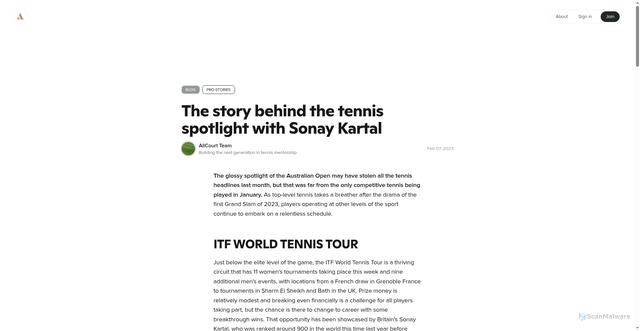 Security scan screenshot of https://allcourt.club/post/the-story-behind-the-tennis-spotlight-with-sonay-kartal-cwp9pql0id