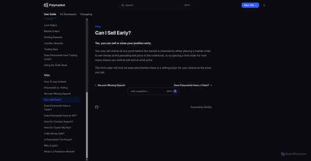 Security scan screenshot of https://docs.polymarket.com/polymarket-learn/FAQ/sell-early
