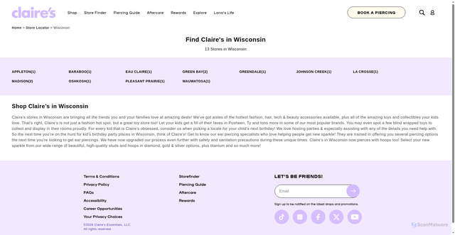 Security scan screenshot of https://stores.claires.com/us/wi/