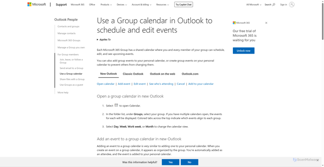 Security scan screenshot of https://support.microsoft.com/en-us/office/use-a-group-calendar-in-outlook-to-schedule-and-edit-events-0cf1ad68-1034-4306-b367-d75e9818376a