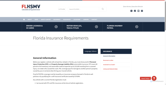 Security scan screenshot of https://www.flhsmv.gov/insurance/