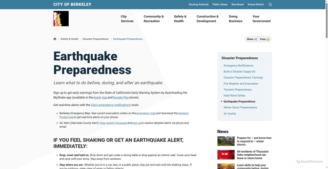 Security scan screenshot of https://berkeleyca.gov/safety-health/disaster-preparedness/earthquake-preparedness