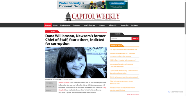 Security scan screenshot of https://capitolweekly.net/dana-williamson-newsoms-former-chief-of-staff-four-others-indicted-for-corruption/