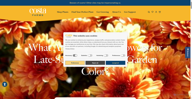 Security scan screenshot of https://costafarms.com/blogs/get-growing/10-perennials-for-late-summer-and-fall-color?srsltid=AfmBOoorymn6x-Gsbeq1NYSGV_jiYObx5kReT7vuxcbMRql3liMTju9x