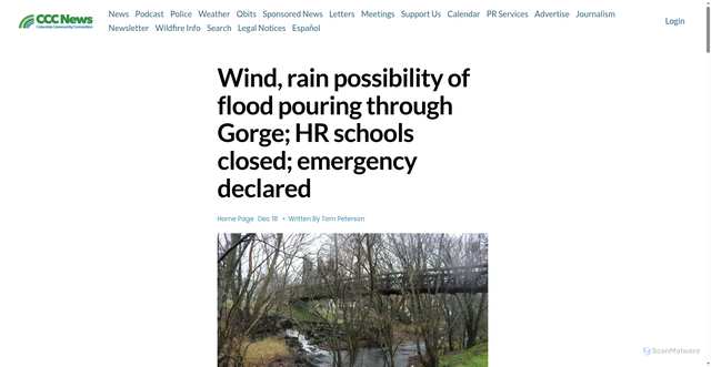 Security scan screenshot of https://columbiacommunityconnection.com/the-dalles/wind-rain-possibility-of-flood-pouring-through-gorge-hr-schools-closed-emergency-declared