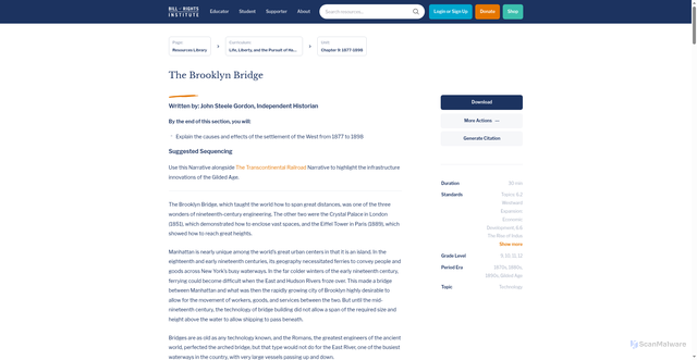 Security scan screenshot of https://billofrightsinstitute.org/essays/the-brooklyn-bridge