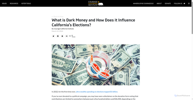 Security scan screenshot of https://couragecaliforniainstitute.org/what-is-dark-money-and-how-does-it-influence-californias-elections/