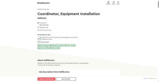 Security scan screenshot of https://www.breakroom.cc/en-gb/jobs/listing/86572039-halliburton-coordinator-equipment-installation-aberdeen