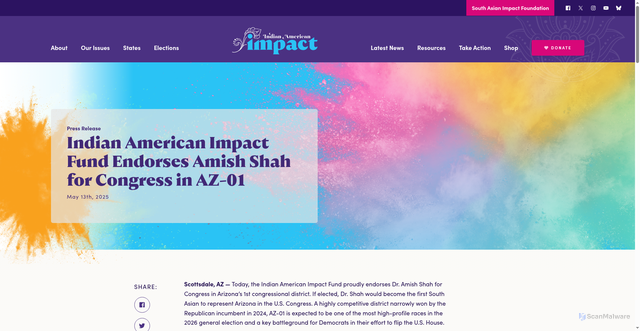 Security scan screenshot of https://iaimpact.org/2025/05/13/indian-american-impact-fund-endorses-amish-shah-for-congress-in-az-01/