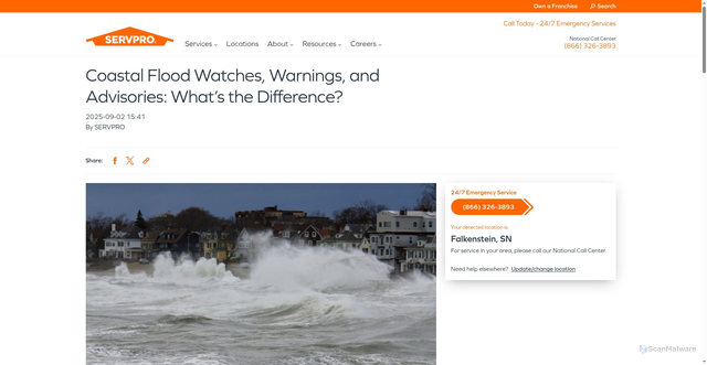 Security scan screenshot of https://www.servpro.com/resources/coastal-flood-advisory-watch-warning-difference