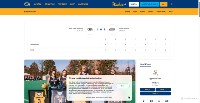 Security scan screenshot of https://kentstatesports.com/news/2025/10/26/field-hockey-flashes-drop-overtime-heartbreaker-to-james-madison-on-senior-day