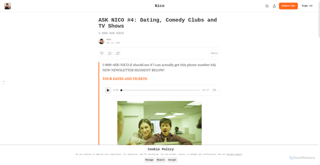 Security scan screenshot of https://nicocarney.substack.com/p/ask-nico-4-dating-comedy-clubs-and