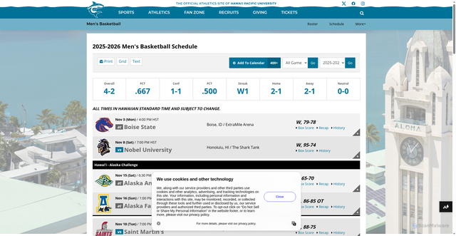 Security scan screenshot of https://hpusharks.com/sports/mens-basketball/schedule/2025-2026