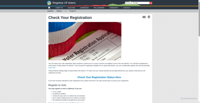 Security scan screenshot of https://www.sdvote.com/content/rov/en/Registration.html