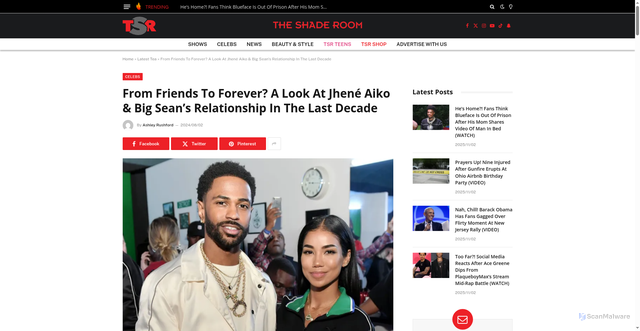 Security scan screenshot of https://theshaderoom.com/jhene-aiko-big-sean-relationship-timeline-baby/