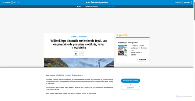 Security scan screenshot of https://www.larepubliquedespyrenees.fr/pyrenees-atlantiques/oloron-et-haut-bearn/vallee-d-aspe-incendie-sur-le-site-de-toyal-une-cinquantaine-de-pompiers-mobilises-le-feu-maitrise-26427695.php