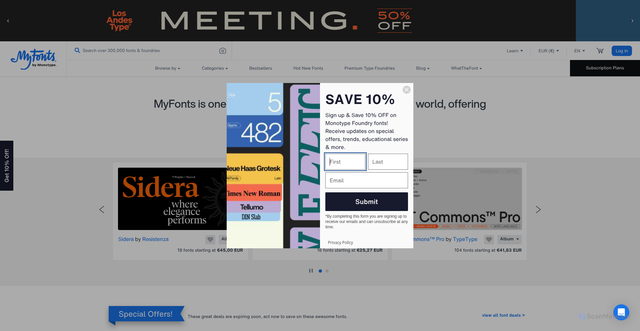 Security scan screenshot of https://www.myfonts.com