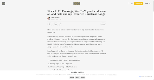 Security scan screenshot of https://jakobsanderson.substack.com/p/week-16-rb-rankings-was-treveyon