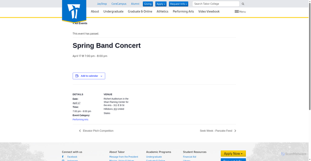Security scan screenshot of https://tabor.edu/event/spring-band-concert-2/