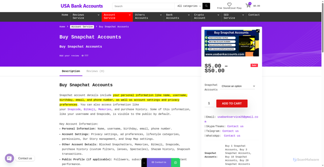Security scan screenshot of https://usabankaccounts.com/product/buy-snapchat-accounts/