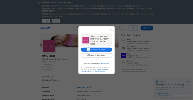 Security scan screenshot of https://www.linkedin.com/company/main-rose
