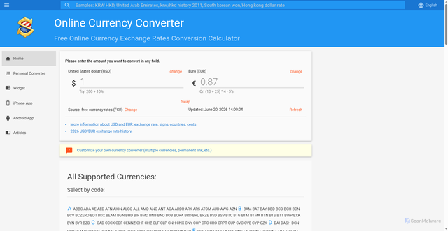 Security scan screenshot of https://freecurrencyrates.com