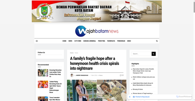 Security scan screenshot of https://wajahbatamnews.co.id/2026/05/01/a-familys-fragile-hope-after-a-honeymoon-health-crisis-spirals-into-nightmare/