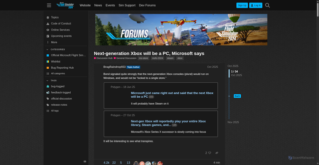 Security scan screenshot of https://forums.flightsimulator.com/t/next-generation-xbox-will-be-a-pc-microsoft-says/744650